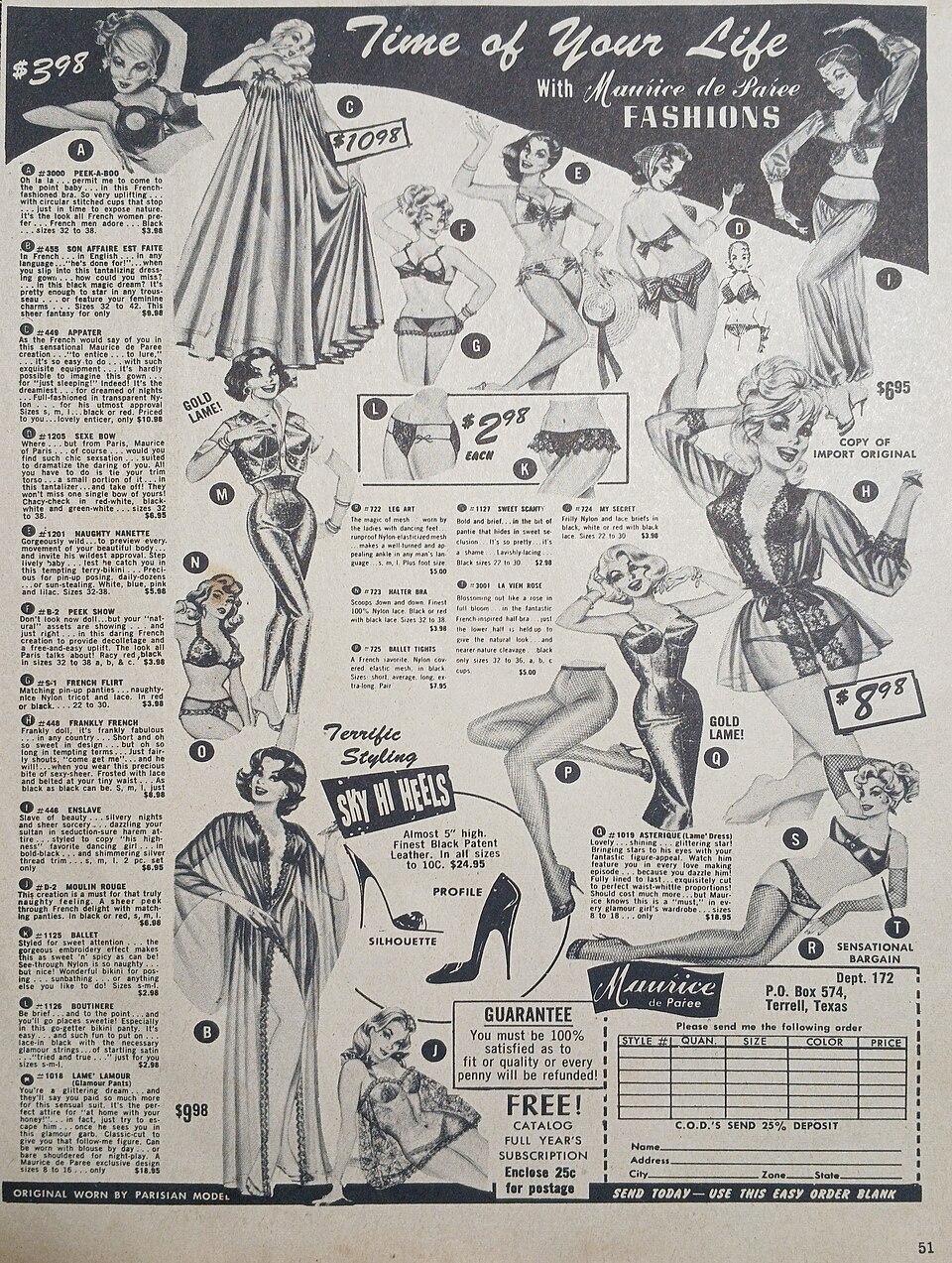 1950s lingerie catalog illustration showing softer fitted styles and hosiery
