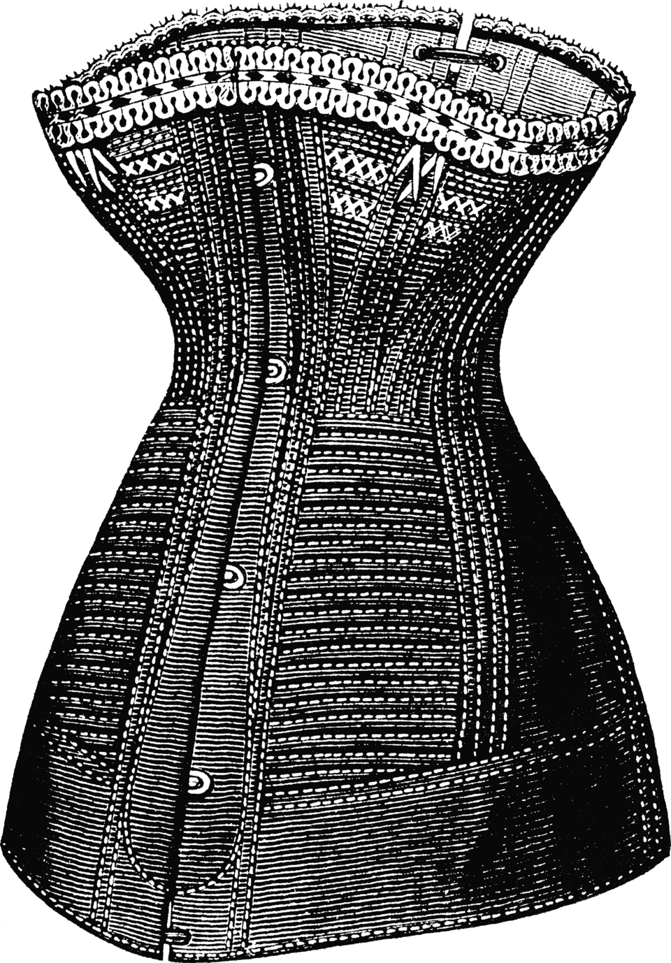 Victorian corset fashion illustration from 1882 showing a structured silhouette